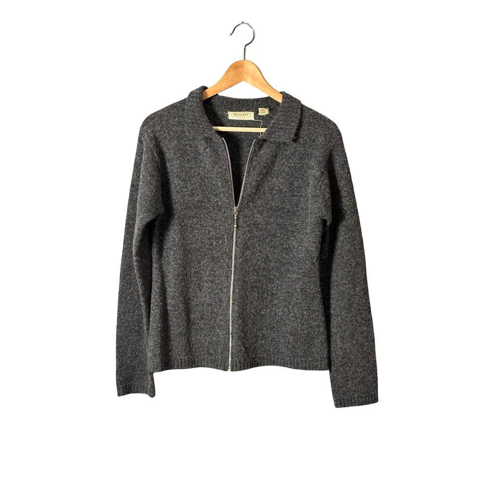 Old Navy Gray Wool Blend Full Zip Cardigan Sweater Size M Charcoal Knit Collar - Picture 5 of 6